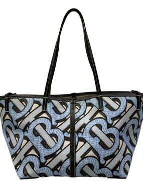 Burberry Mini Monogram-Print E-Canvas Beach Tote Light Blue Black Coated Canvas